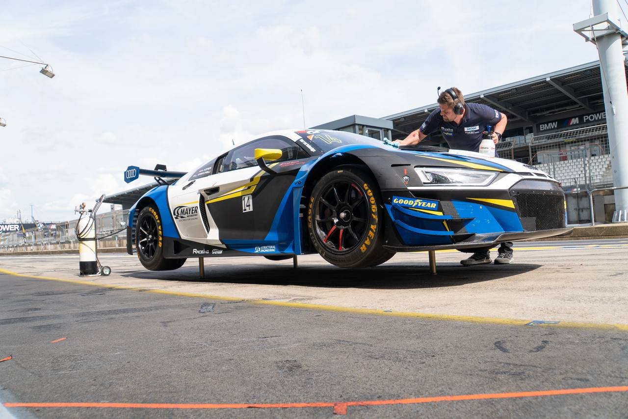 Audi R8 LMS GT3 on the jacks in the pit lane